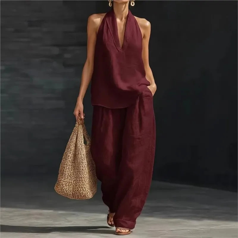 Two Piece Set – Sleeveless V Neck Top and Wide Leg Pants – Broadcloth | KIMLUD