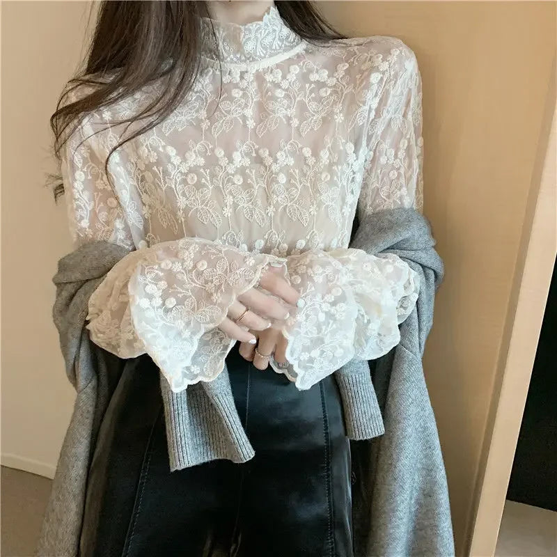 Blouse Women Lace Shirt Mesh Women's Lace-Collared Blouse Autumn and Winter Small Shirt Blusas Ropa De Mujer