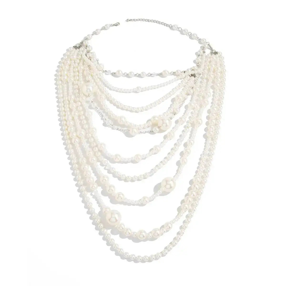 Exaggerated Layered Necklace Imitation Pearl Long Tassel — White | KIMLUD