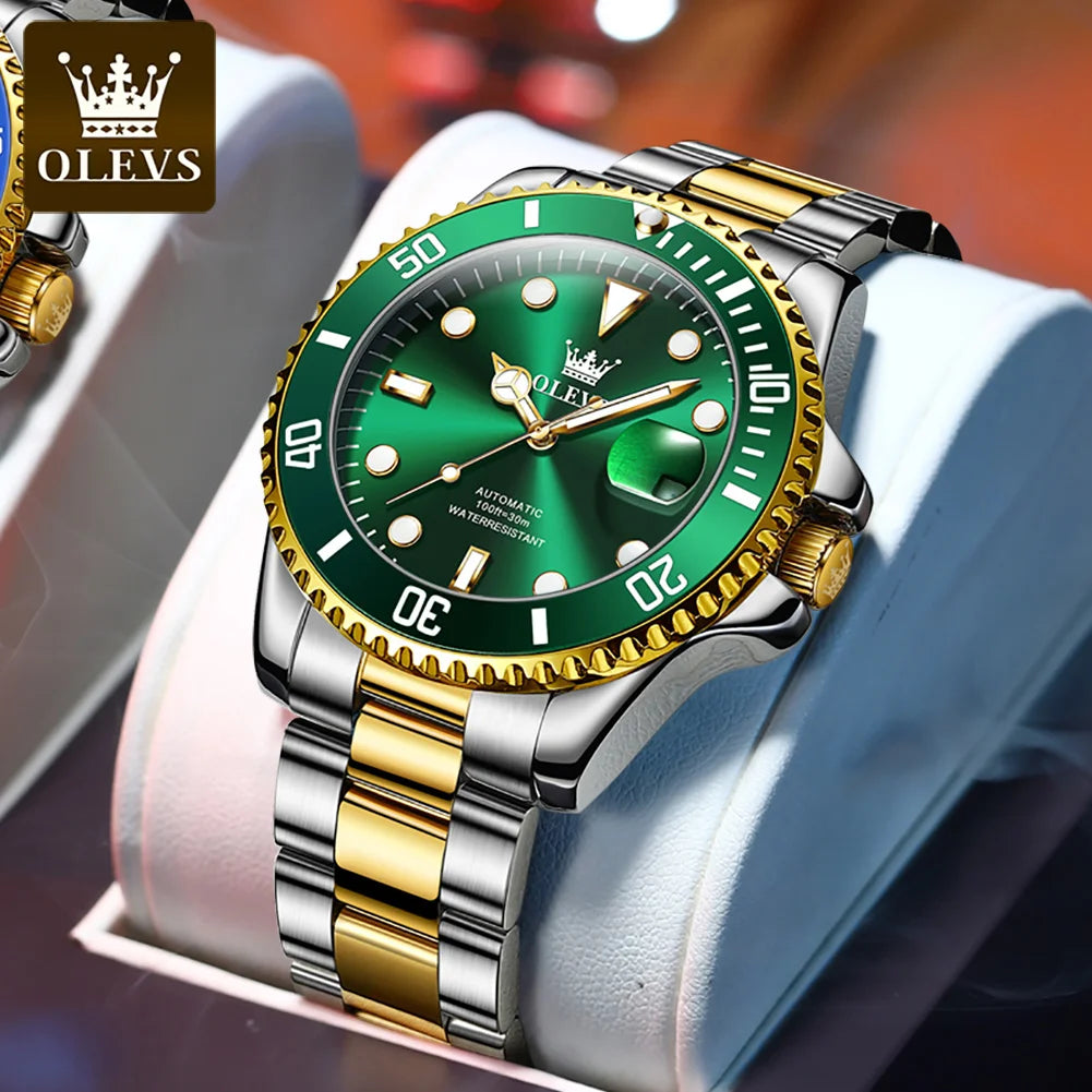 OLEVS Automatic Movement Mechanical Men Watch Green Water Ghost Man Wristwatch Waterproof Stainless Steel Men's Watches Luxury