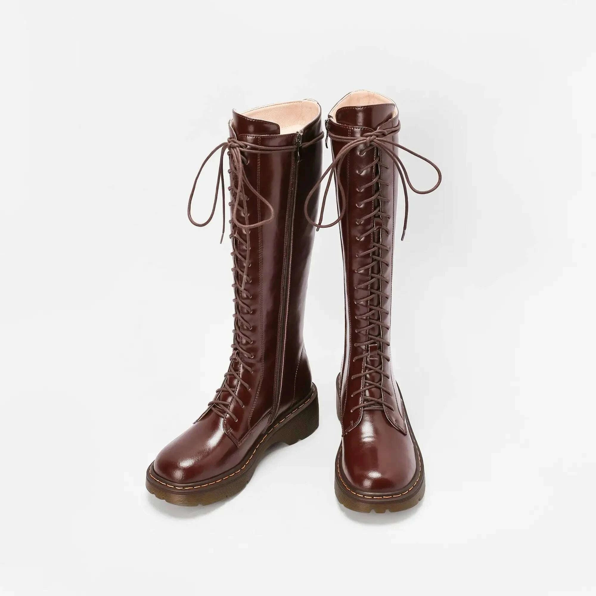 KIMLUD, Krazing Pot Vintage Cow Split Leather Wool Snow Boots Winter Keep Warm Round Toe Cross-tied Med Heels Platform Thigh High Boots, KIMLUD Womens Clothes