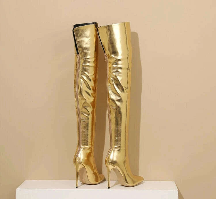 KIMLUD, Sexy Silver Gold Rear Zipper Over Knee Boots Women's Pointed High Heels European and American Fashion Long Boots Big Size 34-43, KIMLUD Womens Clothes