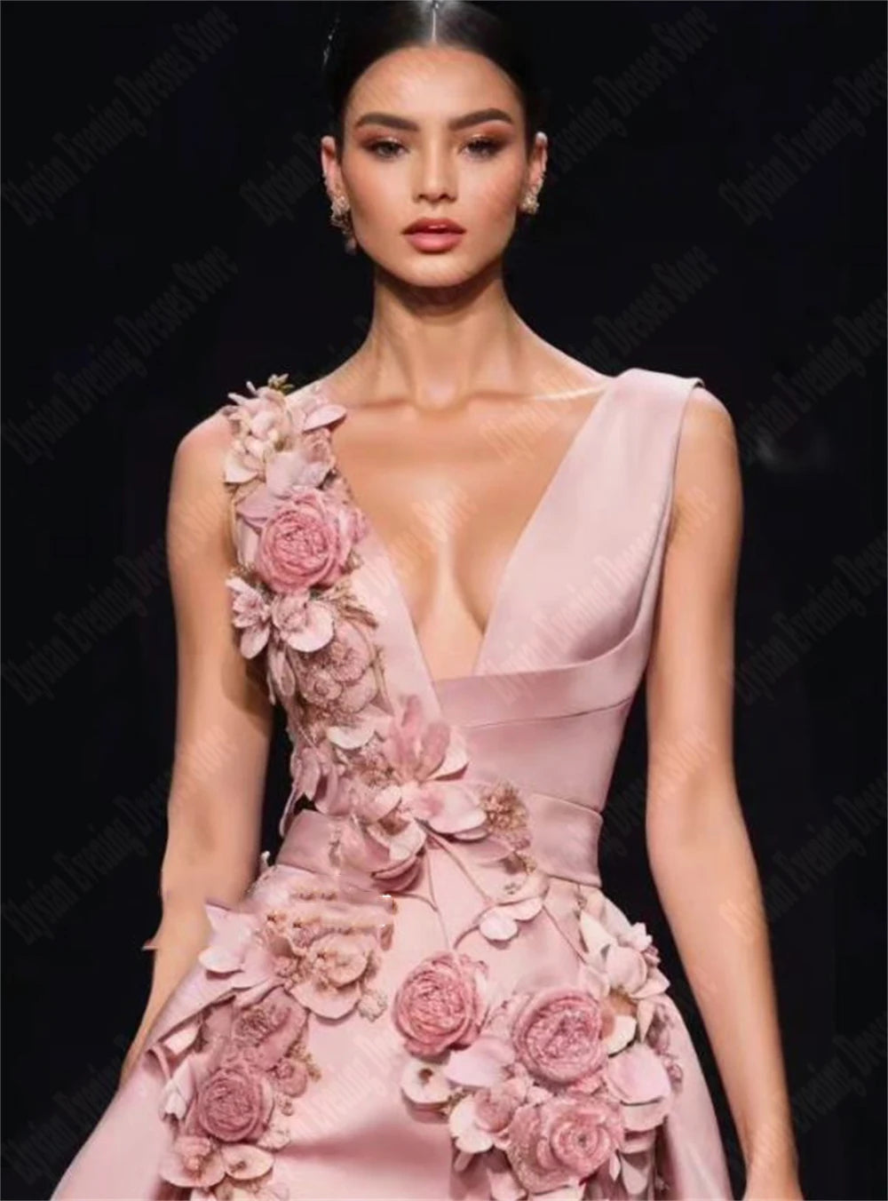 Evening Dress - Floral 3D Appliqué - Satin - Sleeveless V-Neck | KIMLUD