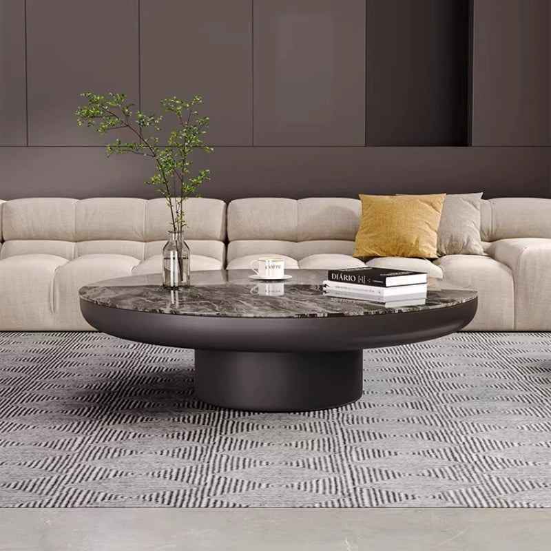 Italian Luxury Round Coffee Table Veined Marble Surface — Charcoal Gray | KIMLUD