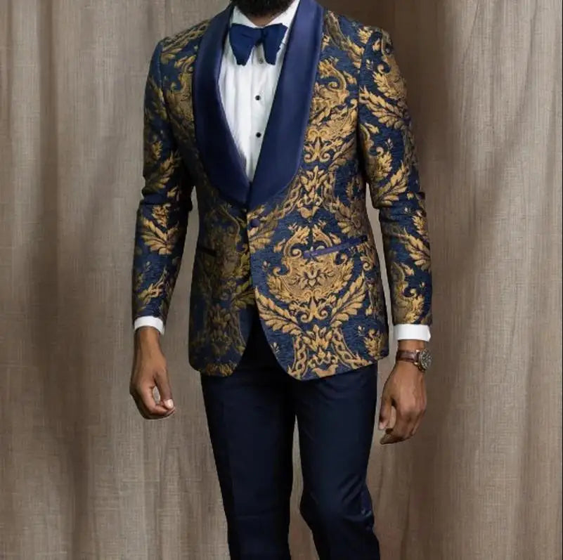 Jacquard Floral Tuxedo Suit Gold Florals — Navy Blue | KIMLUD