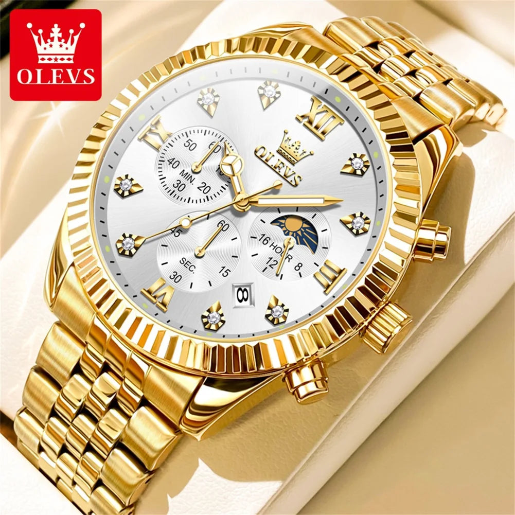 OLEVS 2932 Men's Luxury Watch Fashion Multi functional Waterproof Lunar Phase Chronograph Code Watch High end Brand Quartz Watch
