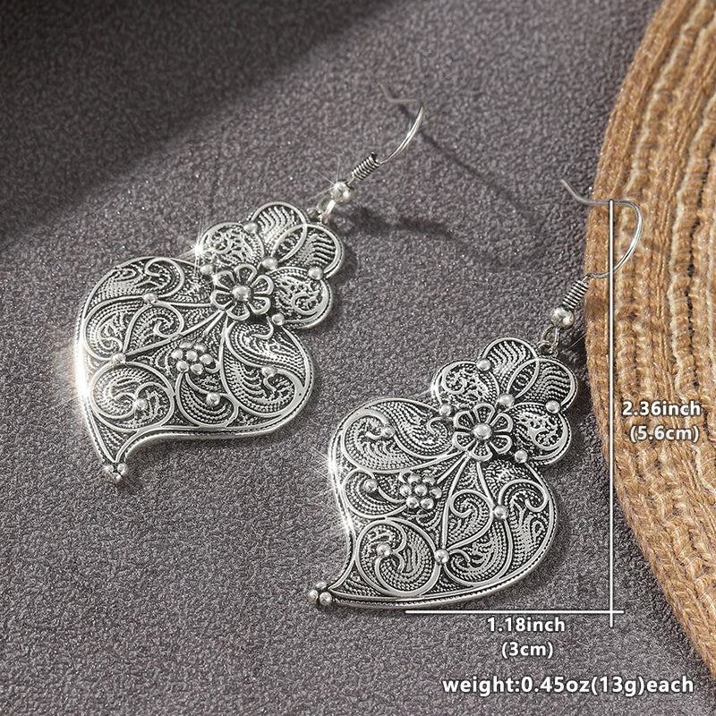 Vintage Bohemian Style Hand Carved Silvery Plated Hook Earrings Women's Elegant Charm Banquet Festival Jewelry Accessories Gifts