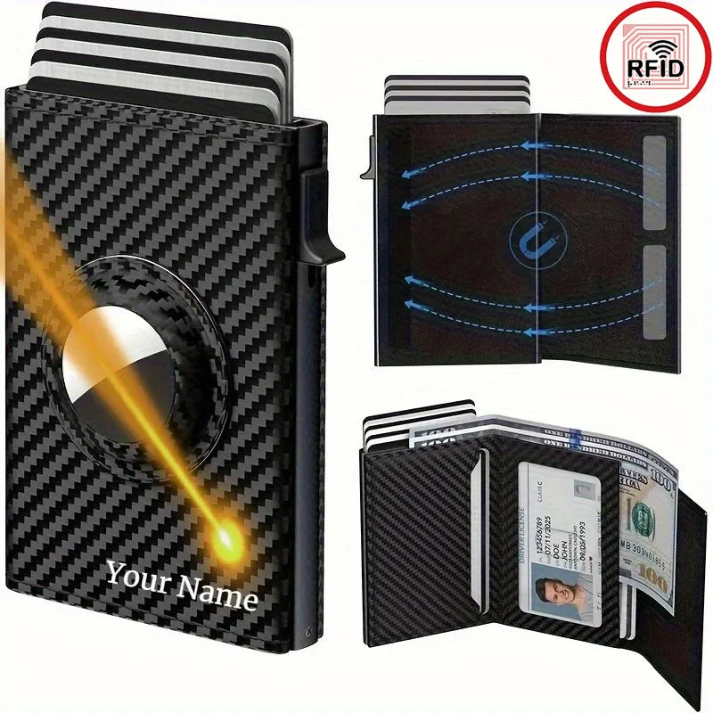 Customized Name Men's Card Holder High Quality Carbon Fiber Wallet RFID Blocking Pop-up Card Purse with Air Tag Positioning Slot