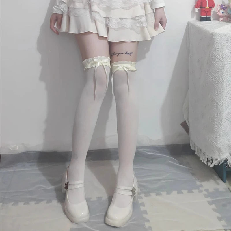 Women Lace Black White Ruffle Long Socks Women Girls Sweet Stockings JK Lolita Nylon Lace Leggings Over The Knee Bowknot Hosiery