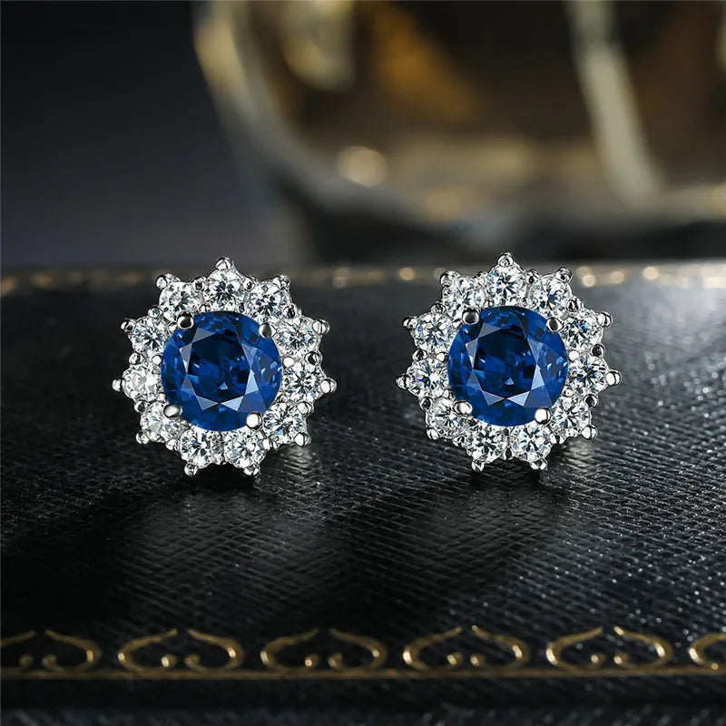 Copper Stud Earrings Round Cubic Zirconia — Water Blue | KIMLUD