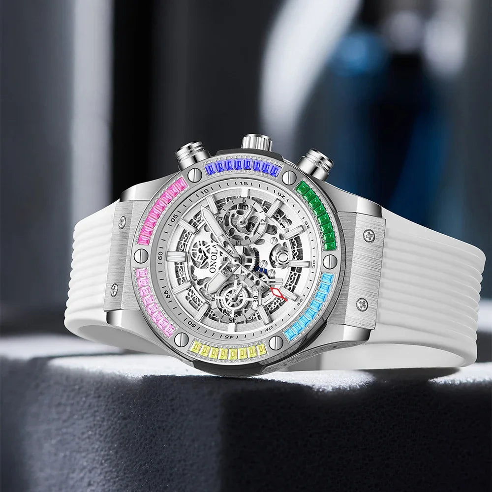 Silicone Strap Rainbow Diamond Watch 45mm Hardlex Dial, Date, Luminous Hands, 3Bar Water Resistant — Rainbow | KIMLUD