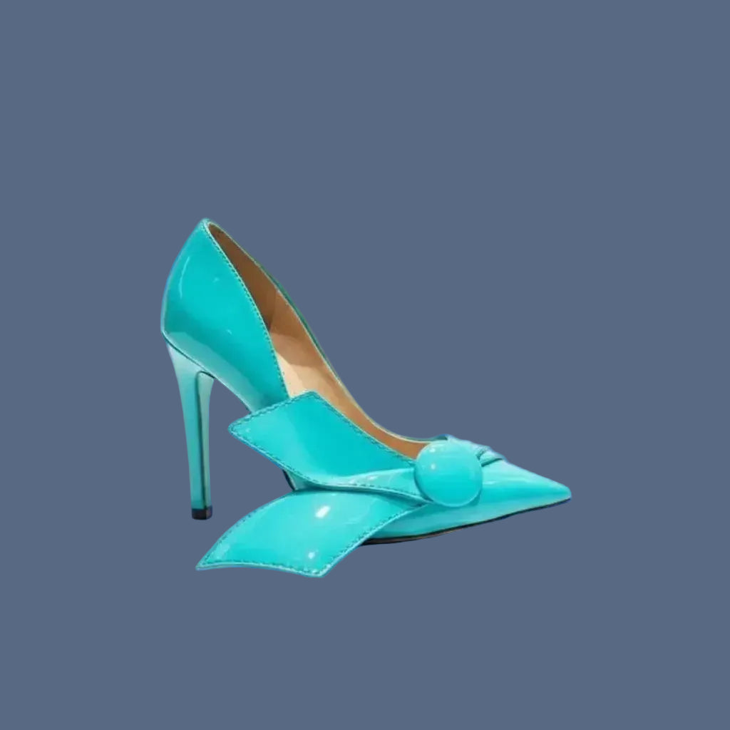 Patent Leather Pumps Buttoned Ankle Wrap Pointed Toe — Cyan | KIMLUD