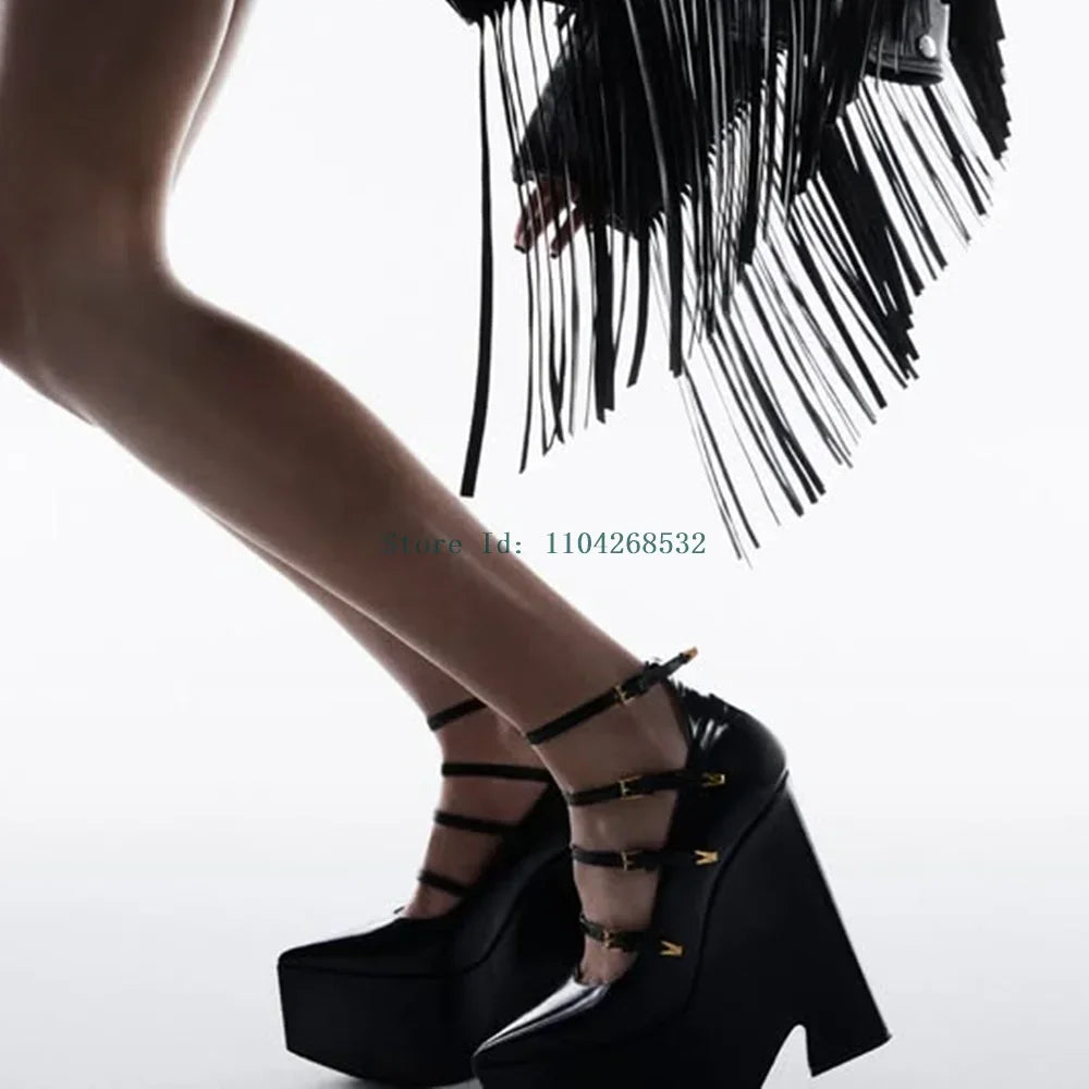 Platform Strange Style Multi Strap Pumps Sexy Pointed Toe Solid Patent Leather New Arrivlas Fashion Women Modern Shoes