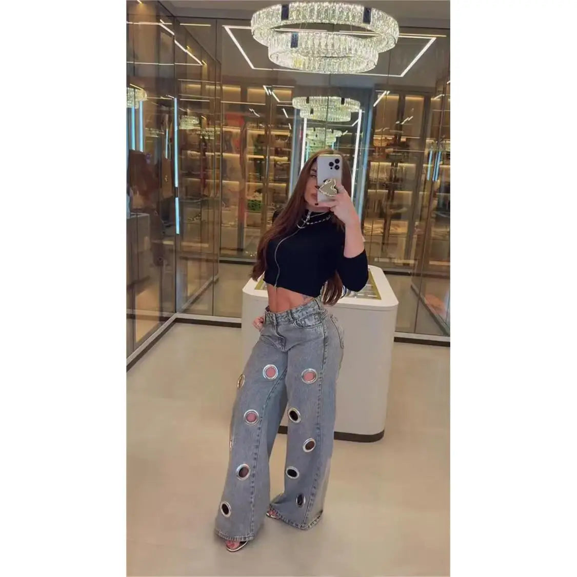 Pants High Waist Hollow Out Pants & Leggings Denim Straight Leg — Blue | KIMLUD