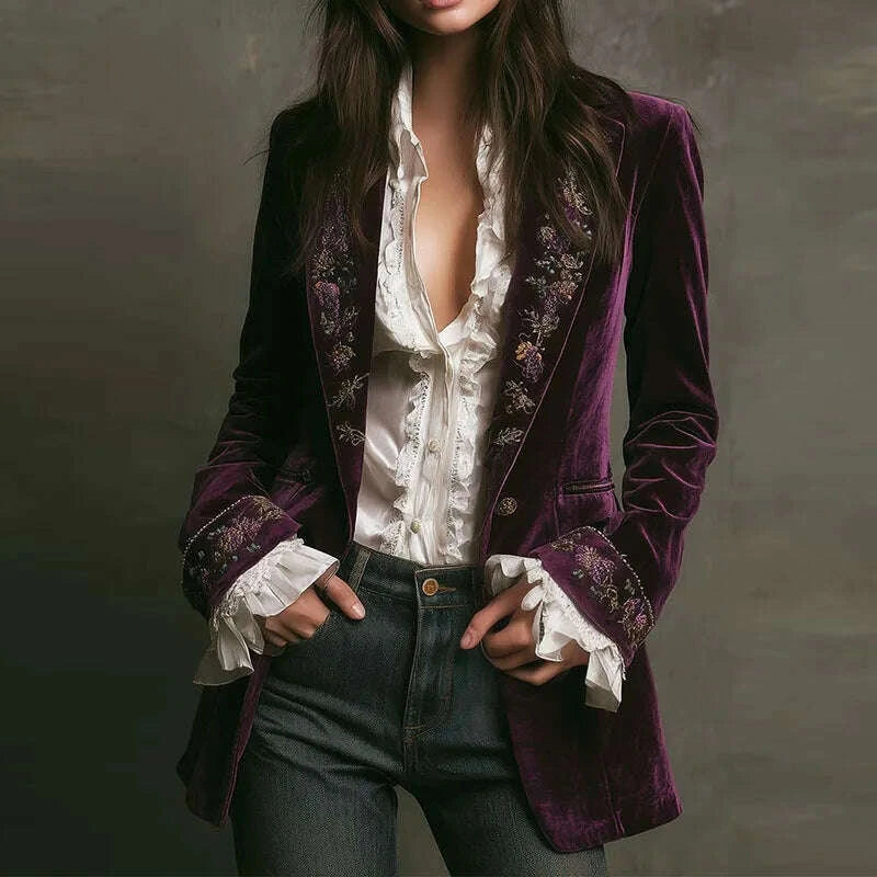 KIMLUD, Ethnic Retro Floral Print Velvet Woman Blazer Jacket Sexy Notched Collar Slim Autumn Outerwear Long Sleeve Winter Cardigans Coat, KIMLUD Womens Clothes