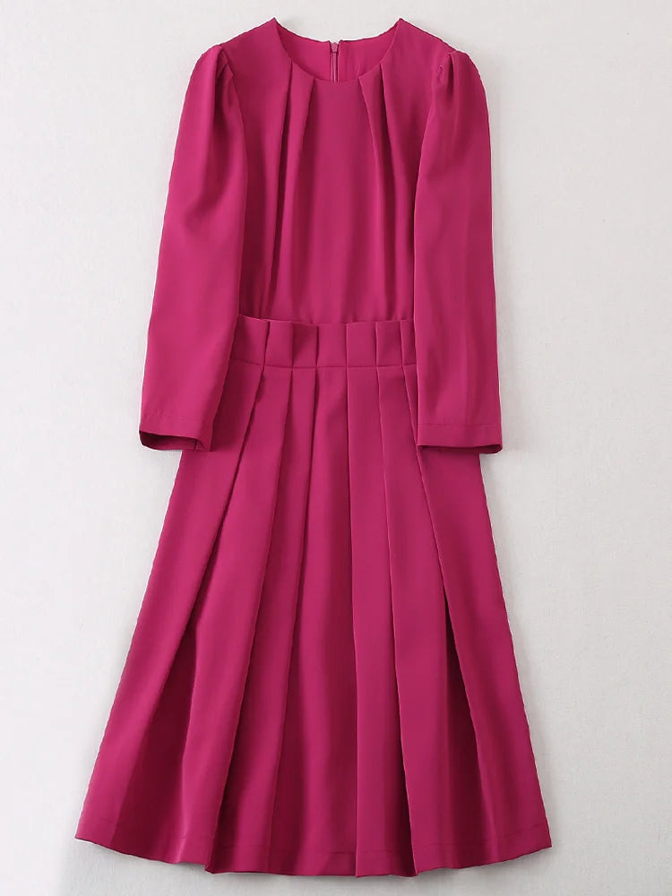 Pleated Jacquard Midi Dress Fit-and-Flare — Fuchsia | KIMLUD