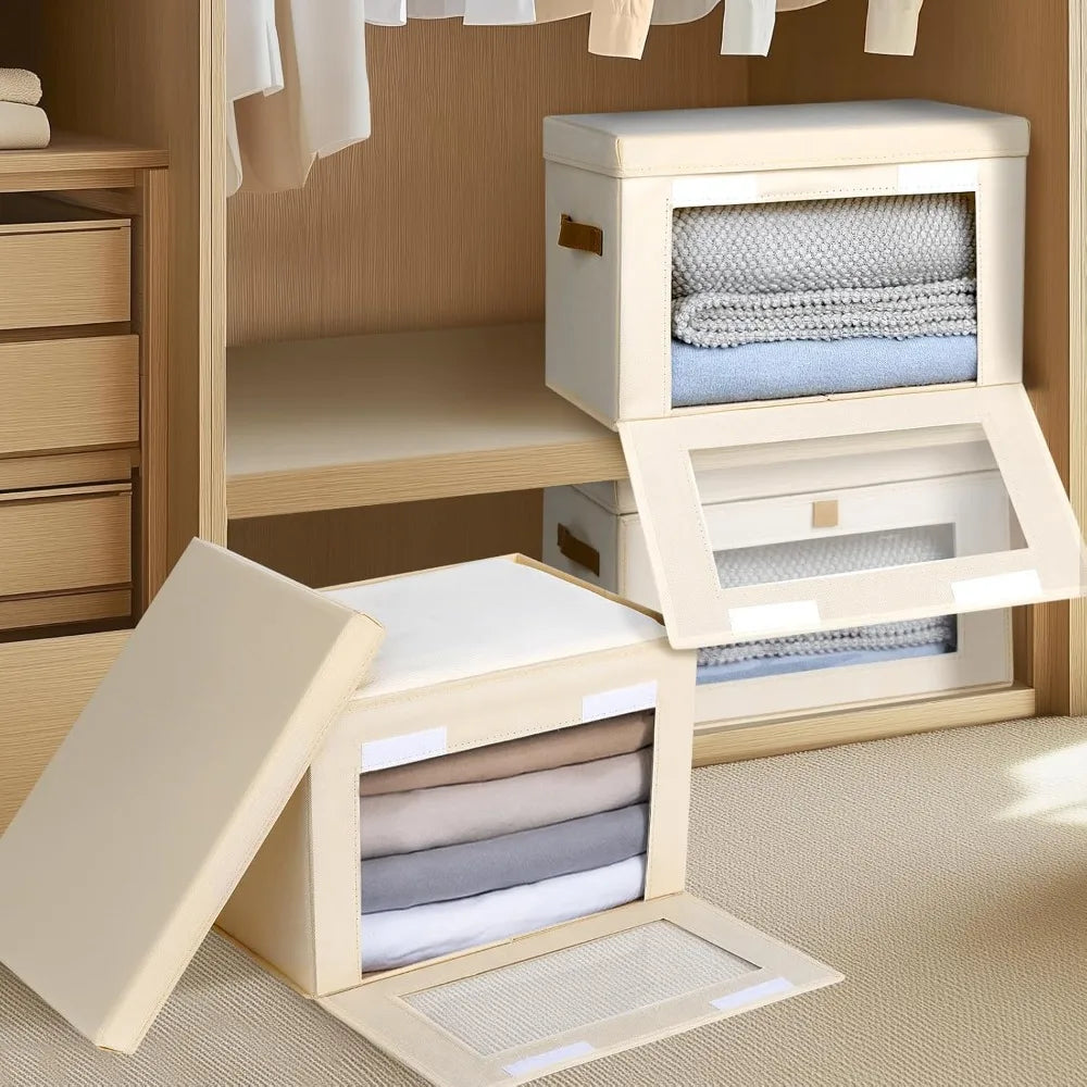 Fabric Storage Bins With Handles And Window — Beige | KIMLUD