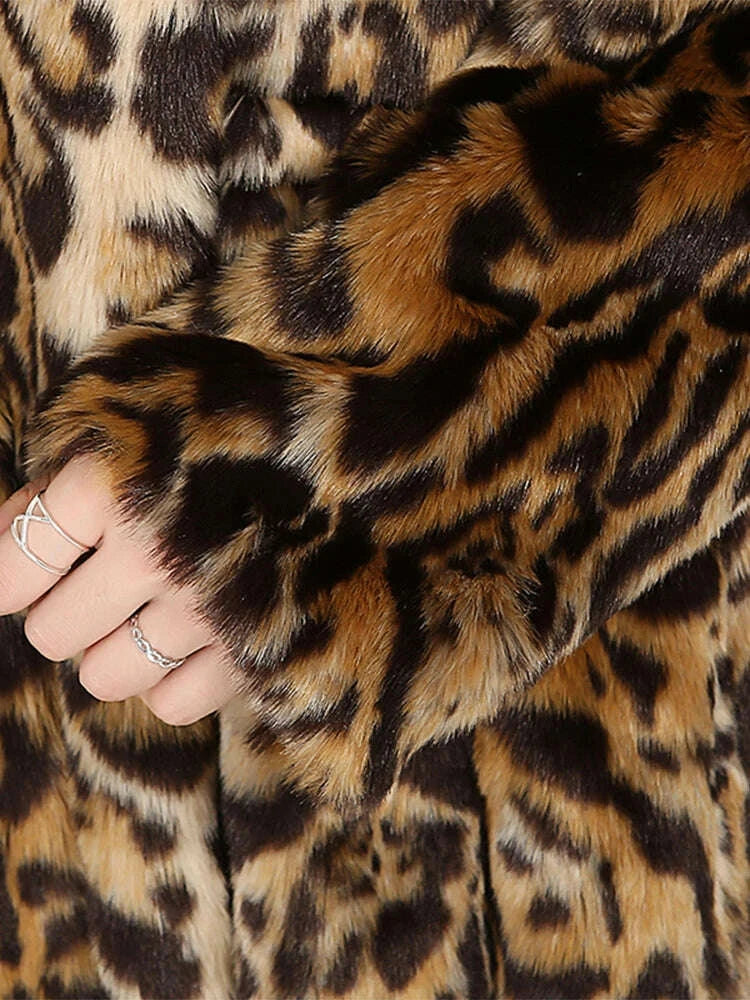 KIMLUD, Nerazzurri Winter Elegant Warm Thick Skirted Fluffy Faux Fur Leopard Coat Women Drawstring Runway European Fashion Overcoat 2021, KIMLUD Womens Clothes