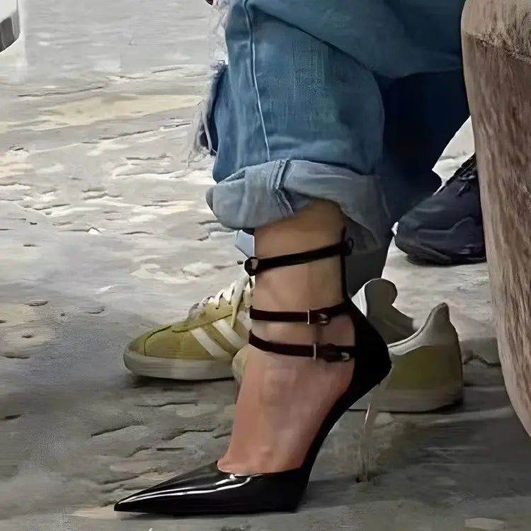 Microfiber Heeled Sandals Lace Up Pointed Toe — Black | KIMLUD