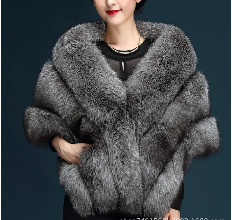 Faux Fur Fox Women Coats Shawl Cloak Coat Thick Open Stitch Elegant Maxi Warm Wedding Work Thick Outerwear Autumn Winter