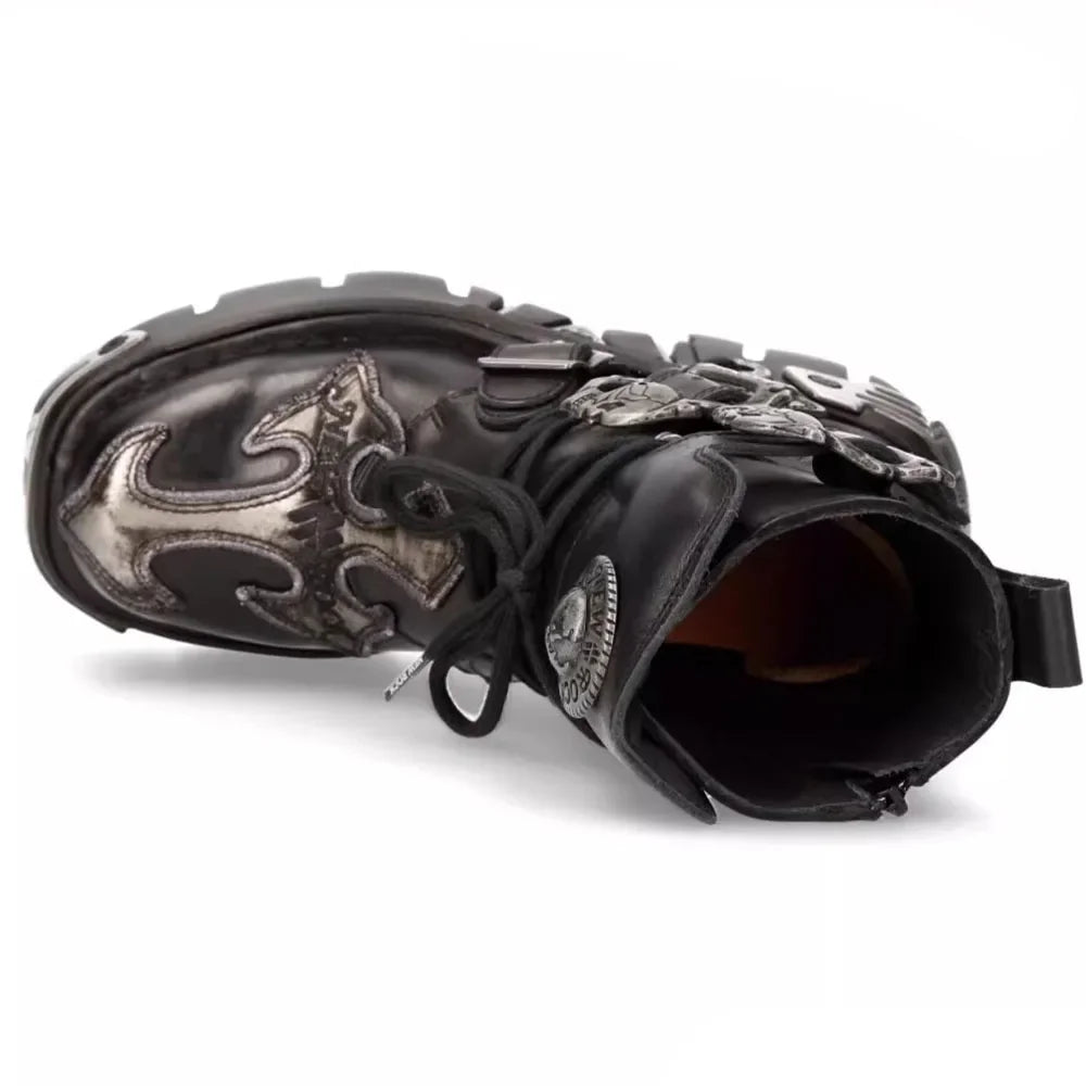 Fashion Men's Cow Genuine Leather Motorcycle Boots,Design New Unisex Mid-calf Skull Devil Goth Punk Metallic Work Boots Plus 48