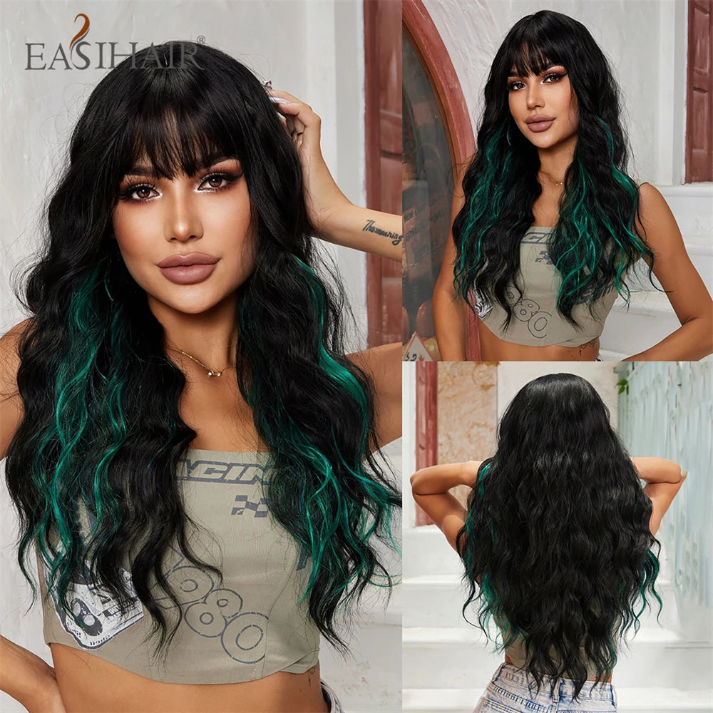 EASIHAIR Sandy Blonde Golden Wavy Synthetic Wigs with Long Bangs Cosplay Lolita Party Hair Wigs for Women Natural Heat Resistant