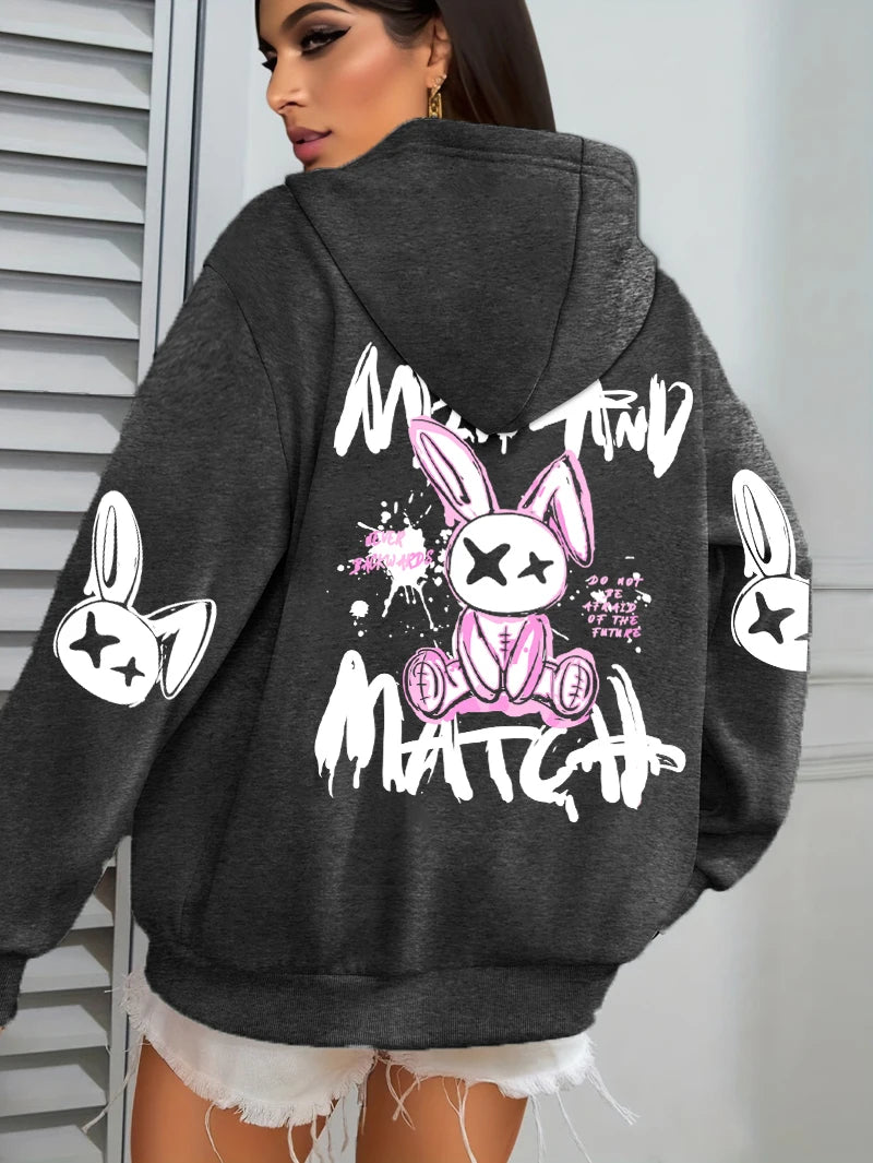 Hoodie – Cartoon Rabbit Prints – Loose Silhouette – Hooded | KIMLUD