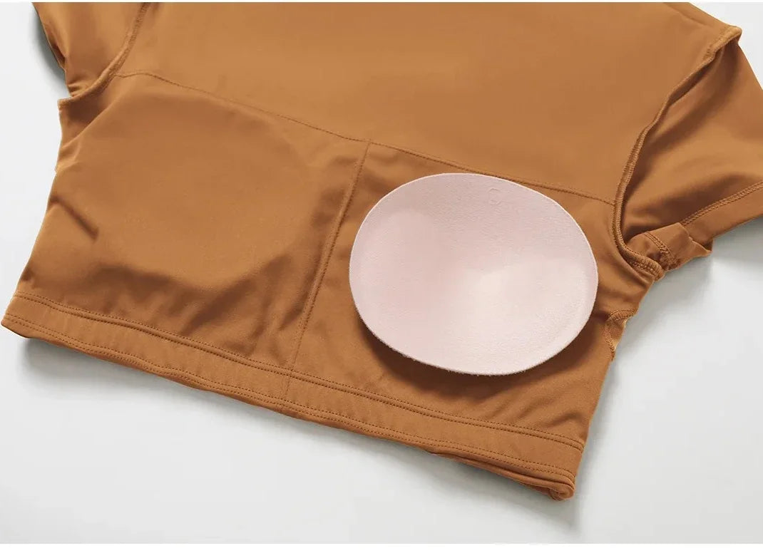 Backless Padded Yoga Crop Top Short Sleeve — Warm Sand-Beige | KIMLUD