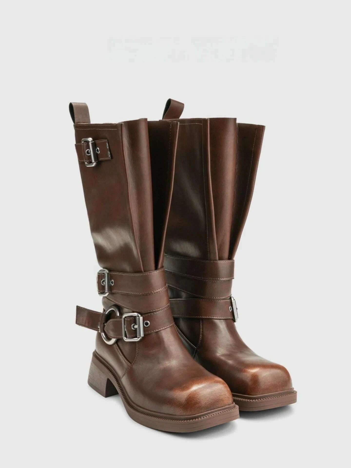 KIMLUD, Women's Boots Half High Square Toe Footwear Brown Biker Shoes For Woman Mid Calf Middle Heel Comfortable And Low Price Pu Goth, KIMLUD Womens Clothes