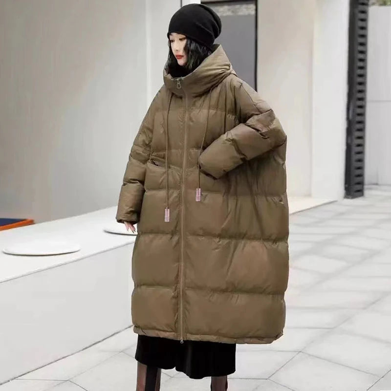 Lagabogy 2025 New Winter Women Oversize Long Puffer Coat Female Thick Warm White Duck Down Jacket Hooded Loose Parkas Outwear