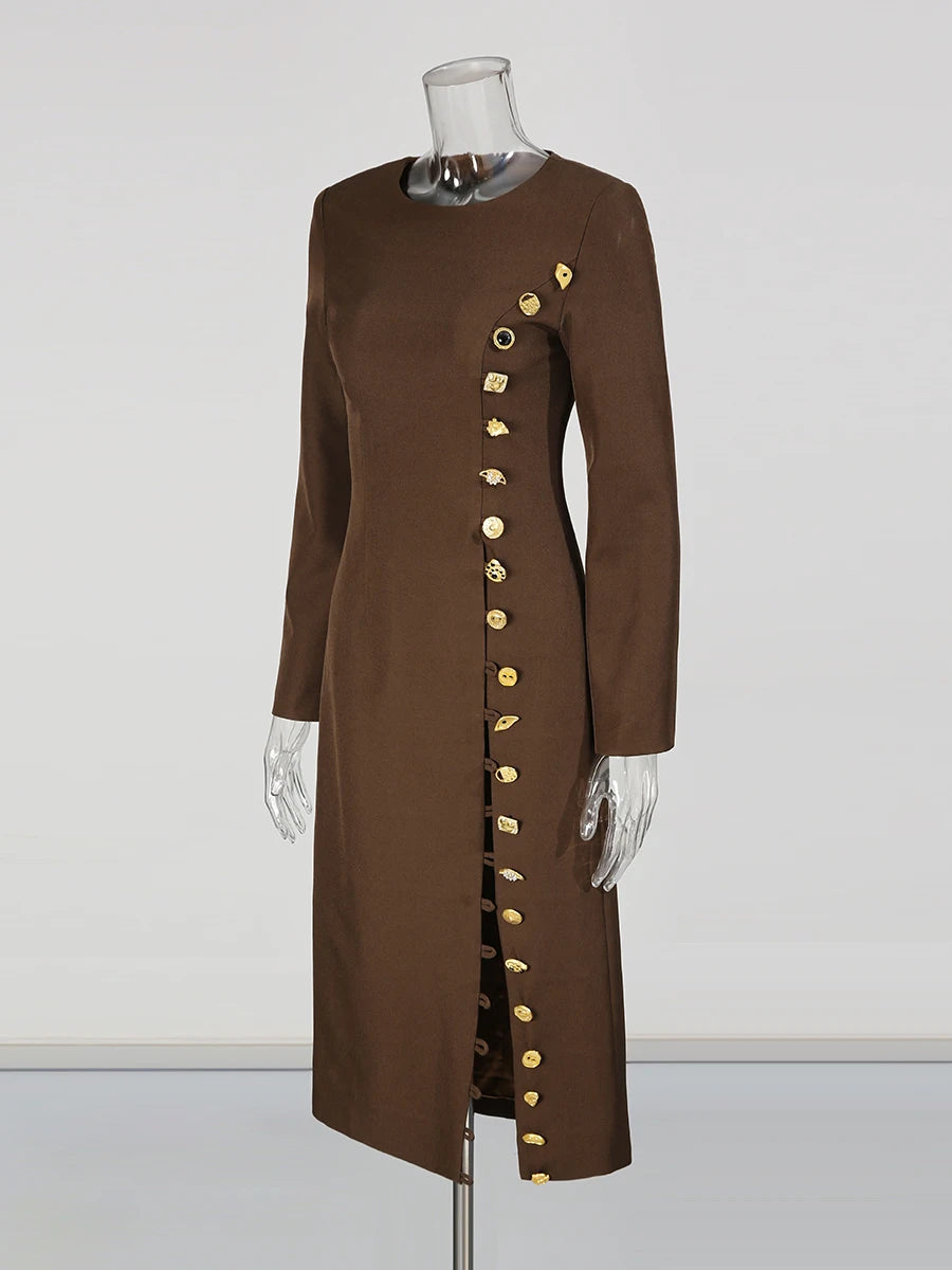 KIMLUD, TWOTWINSTYLE Solid Slimming Spliced Breasted Fashion Dresses for Women Round Neck Long Sleeves High Waist Dress Female Clothing, KIMLUD Womens Clothes