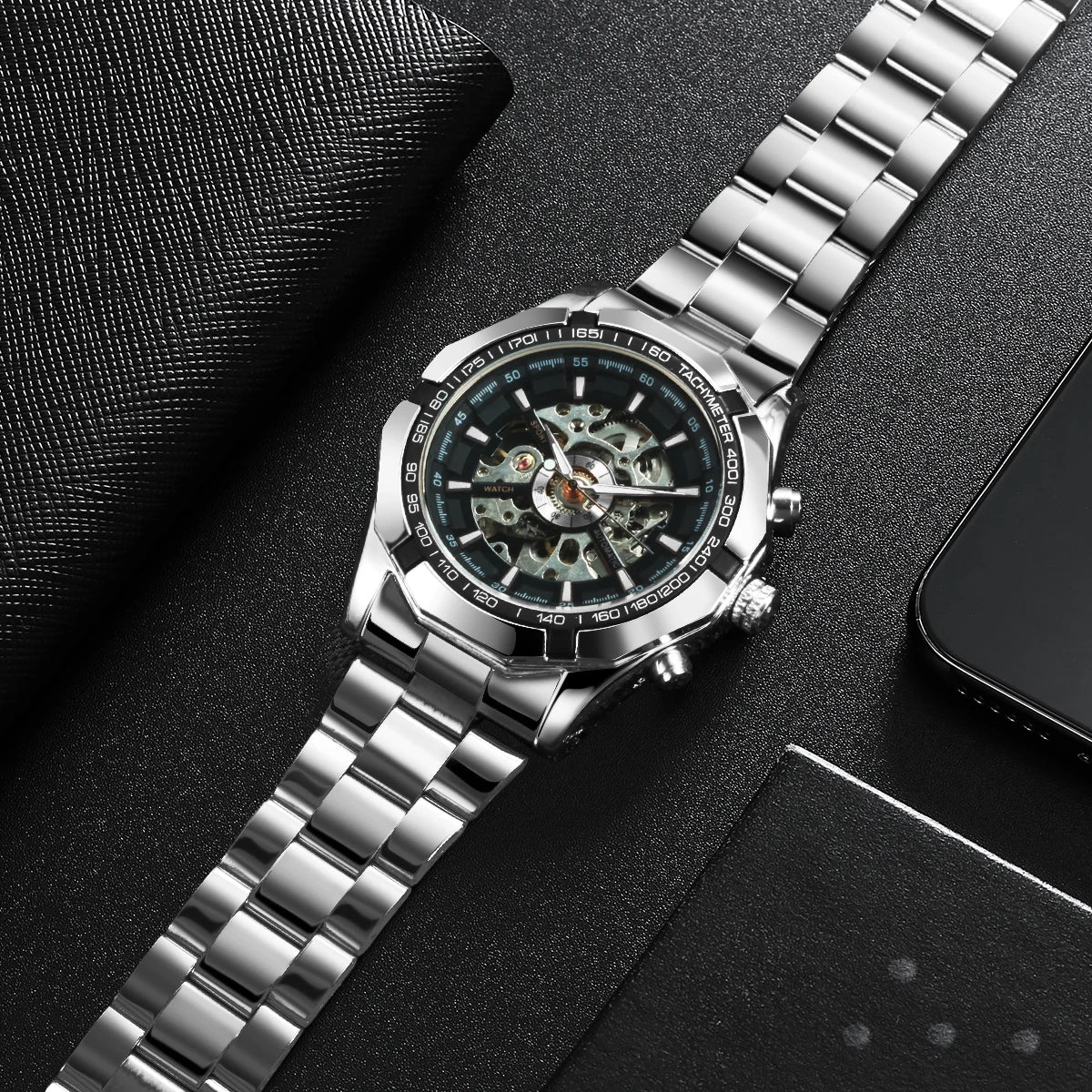 Stainless Steel Skeleton Watch Luminous Hands — Black | KIMLUD