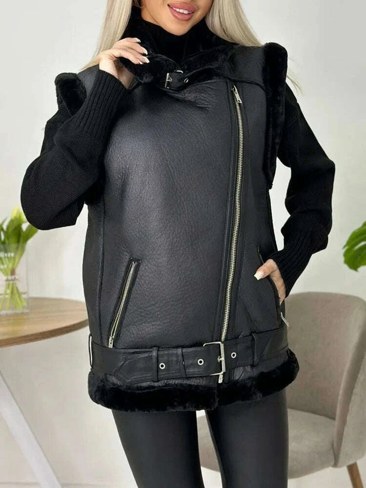 KIMLUD, Streetwear Women Loose Thick Warm Sleeveless Faux Soft Fur Leather Vest Autumn Winter Female Zipper Belt Waistcoat Tops, KIMLUD Womens Clothes