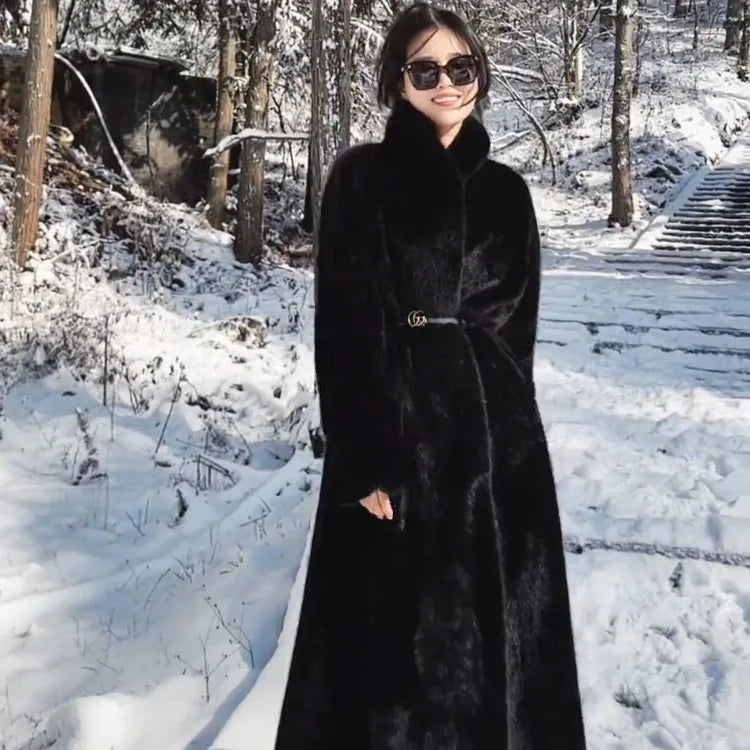 Women Faux Fur Coats Knee Length Coat Turn Down Collar Thick Warm Elegant Maxi Y2k Streetwear Outerwear Jackets Winter Spring