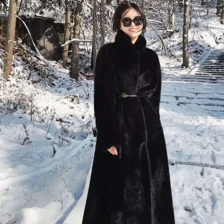 KIMLUD, Women Faux Fur Coats Knee Length Coat Turn Down Collar Thick Warm Elegant Maxi Y2k Streetwear Outerwear Jackets Winter Spring, KIMLUD Womens Clothes