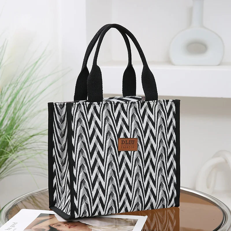 Chevron Pattern Canvas Tote Bag, Retro Letter Patch Decor Handbag, Women's Causal Shopper & Commuter Bag