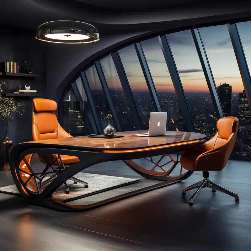 Modern office with a large desk, orange chairs, and a cityscape view.