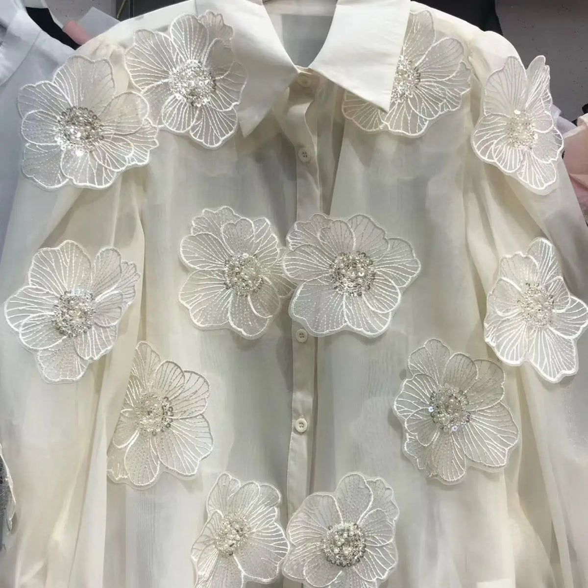 Long Sleeve Sequin Petal Applique Blouse – Acetate – White Beige | KIMLUD