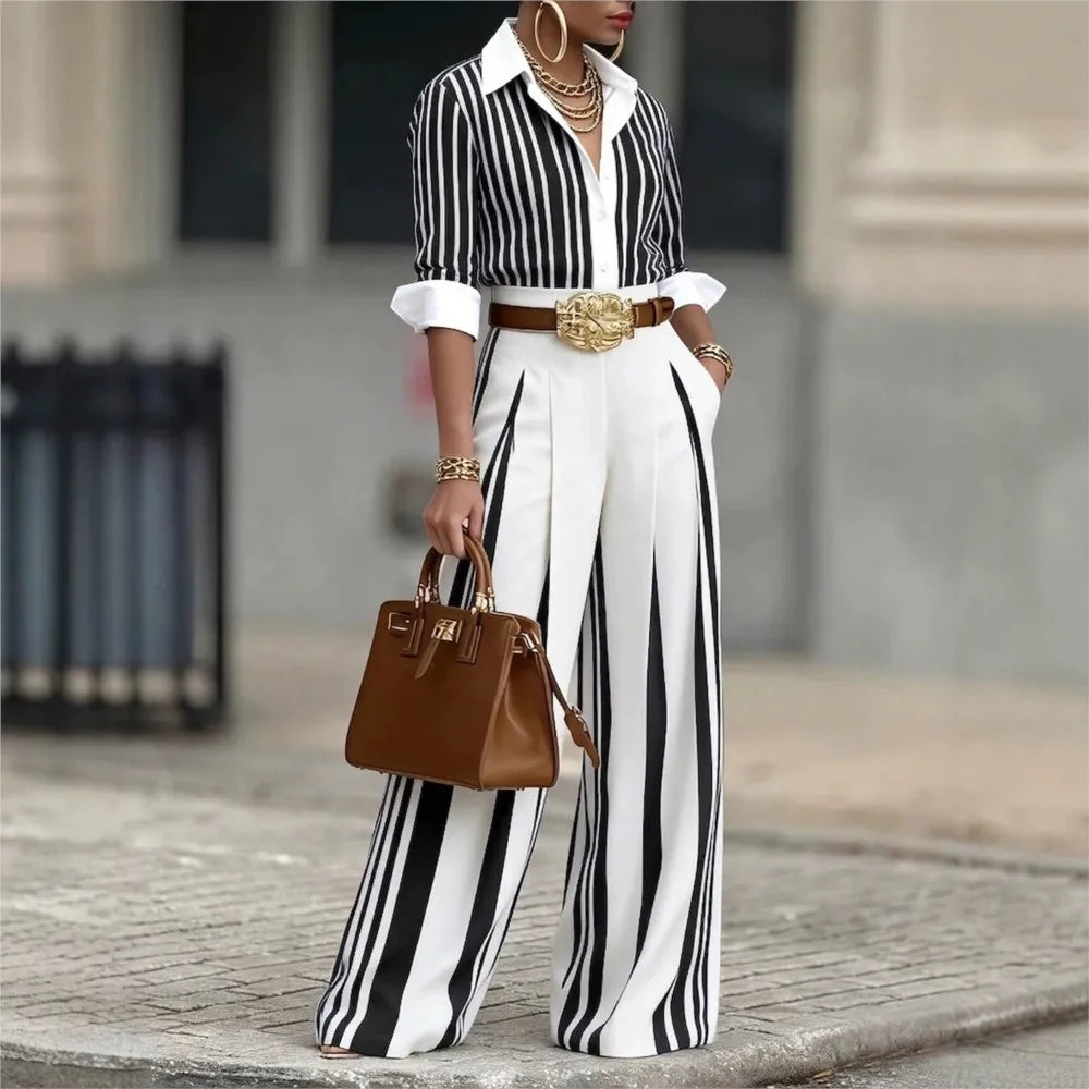 Silk Look Striped Two-Piece Set Belt — Black | KIMLUD
