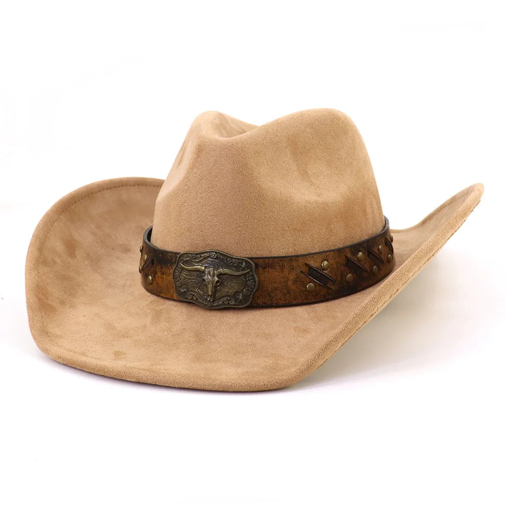 Leather Band Suede Cowboy Hat Big Brim Bull's Head — Brown | KIMLUD