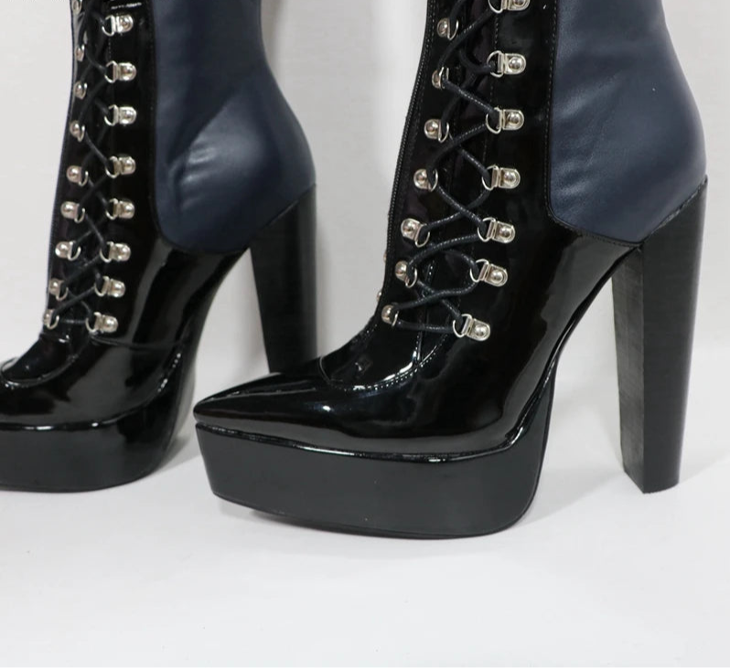 Sorbern Navy Blue Long Boots Women Fetish Style Block High Heel Pointed Toe Lace Up D-Hooks Mid Thigh High Boots Female Shoes