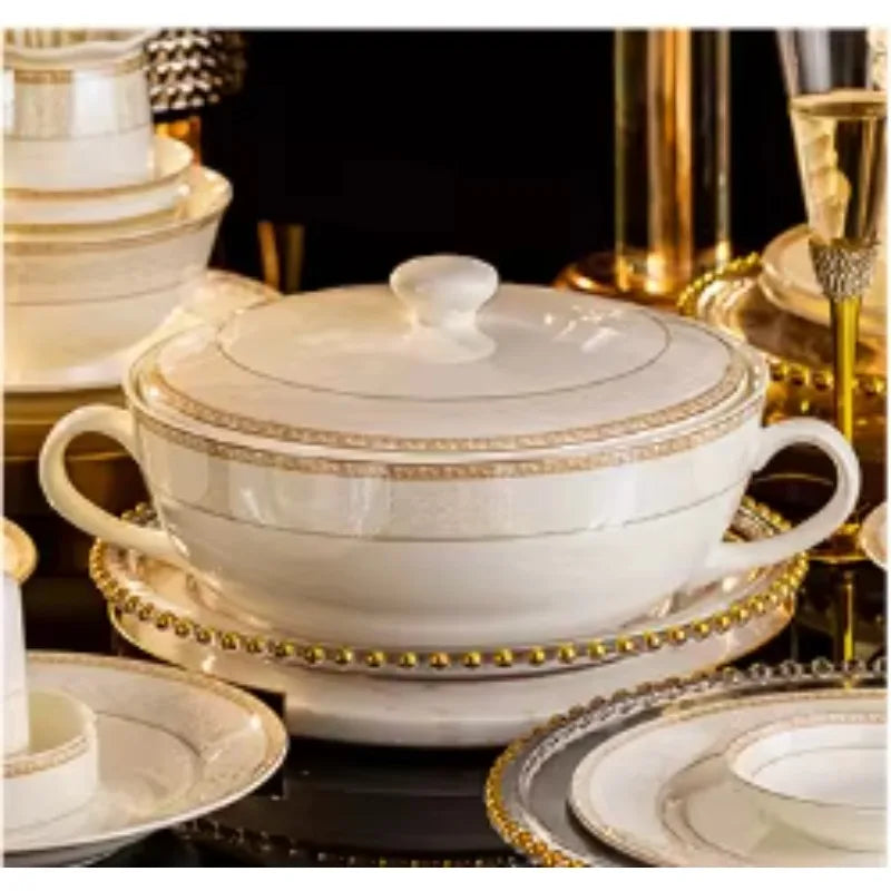 Bone China Tableware Set 60-Piece With Hand-Painted Gold Accents for Festive Tables — White with Gold Trim | KIMLUD
