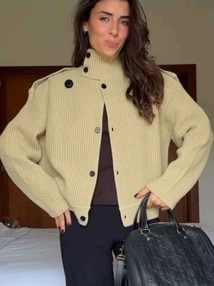 KIMLUD, TFMLN Women's Knitted Cardigan Solid Stand-Up Collar Epaulet Single Breasted Female Sweater Coat Loose Fit Casual Knitwear, KIMLUD Womens Clothes