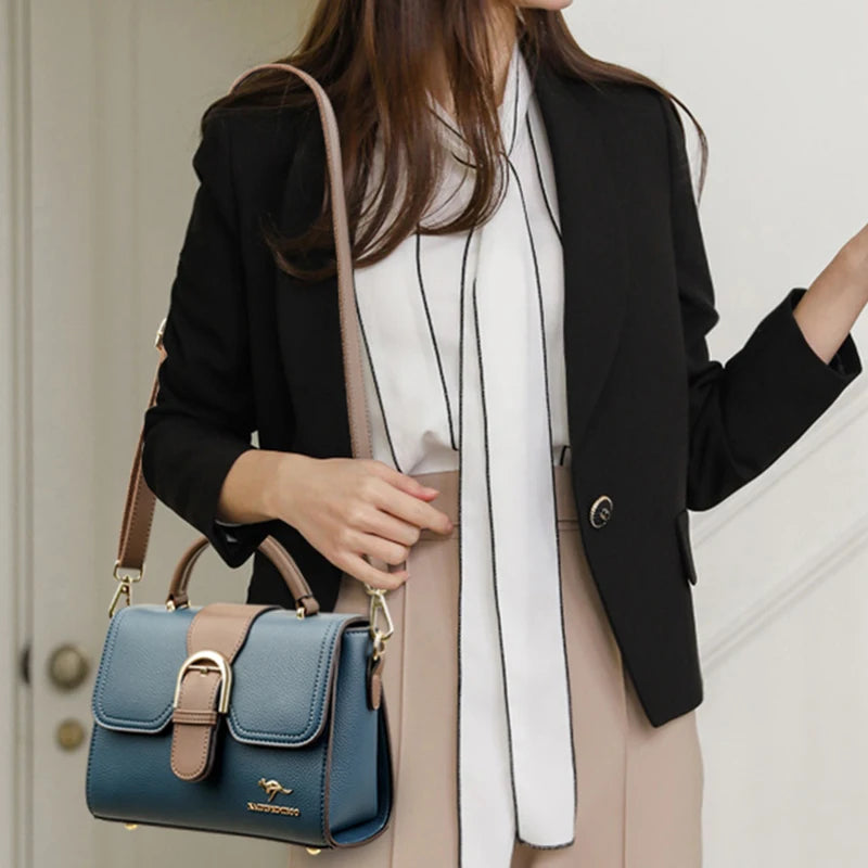 Genuine Cow Leather Shoulder Bag With Subtle Flap And Refined Hardware — Creamy Beige With Taupe Trim | KIMLUD