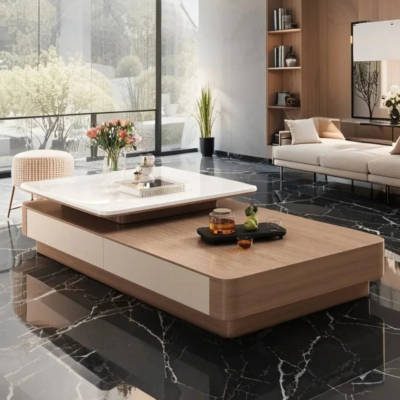 Modern Triangular End Tables With Dual-Tier Geometry And White Rock Slab Top On Warm Wood Base — White | KIMLUD