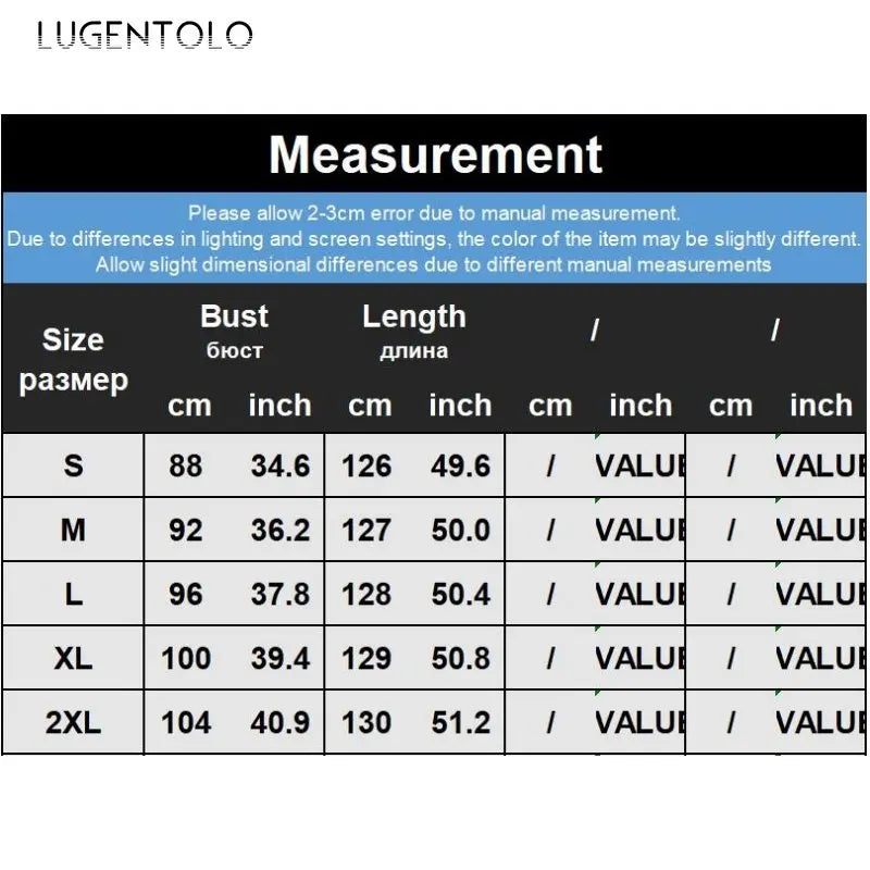 Measurement chart for clothing with size dimensions in centimeters and inches, branded 'LUGENTOLO'.