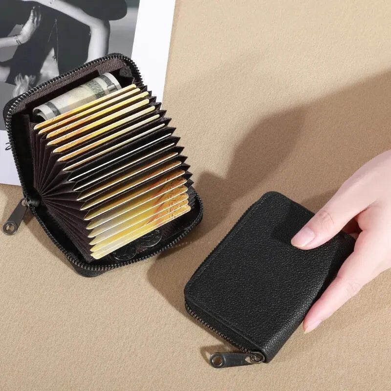 PU Card Holder Anti Demagnetization Wallet Zipper Coin Pouch — Black | KIMLUD