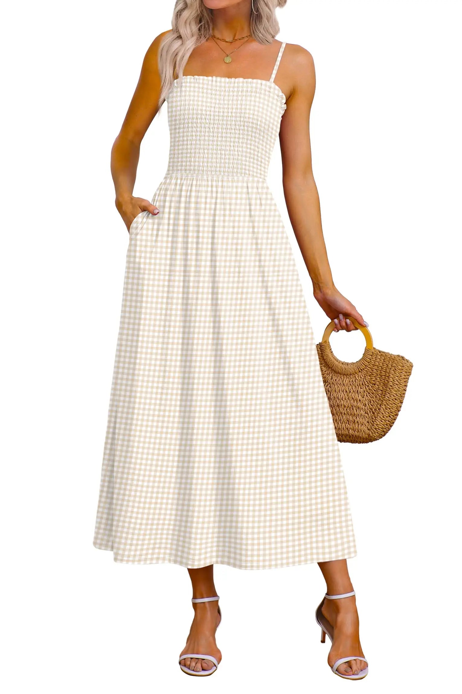 Spaghetti Strap Maxi Dress – Smocked Waist – Polyester Fiber | KIMLUD