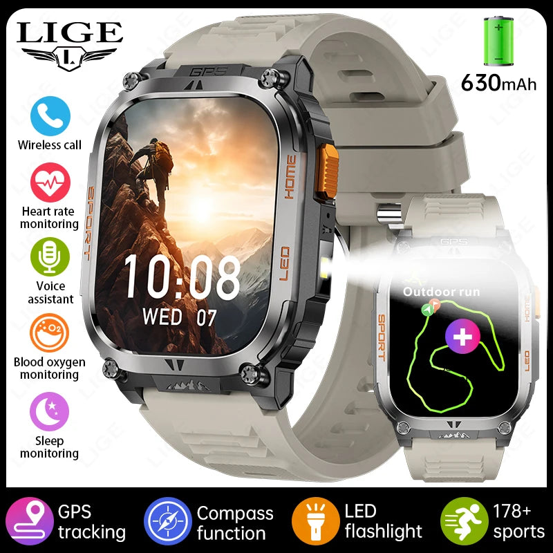 LIGE New GPS Tracking Smart Watch LED Flashlight 1.96inch HD Screen Compass BT Call Waterproof Sport Smartwatch For Android iOS