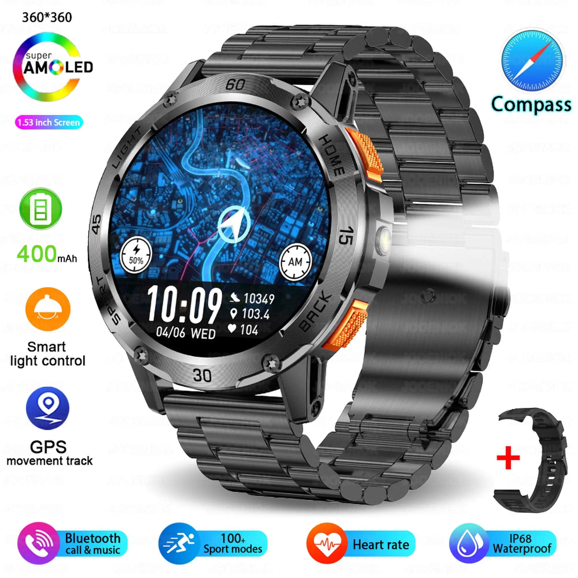 Outdoor Sport Smart Watch Men Compass 400mAh Battery Flashlight Health Monitoring Waterproof Bluetooth Call Smartwatch 2025 New